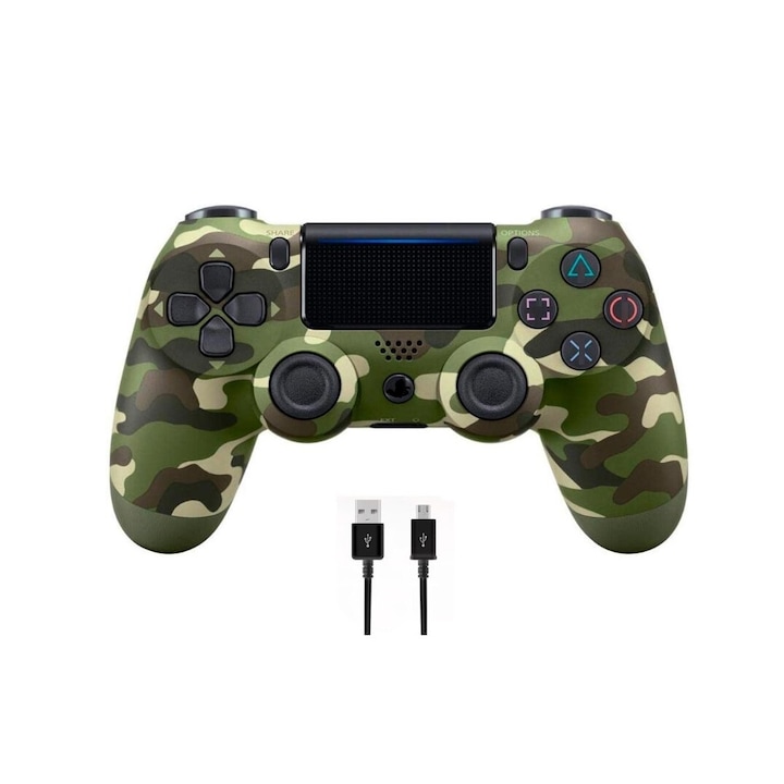 Controller wireless PS4, doubleshock I-10, compatibil, PS-TV si PS Now, cu vibratii, incarcator inclus, verde militar, HAPPY JOKER®