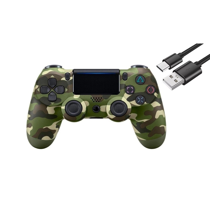 Controller wireless PS4, doubleshock-J01, compatibil, PS-TV si PS Now, vibratii, cablu incarcator inclus, verde militar, HAPPY JOKER®