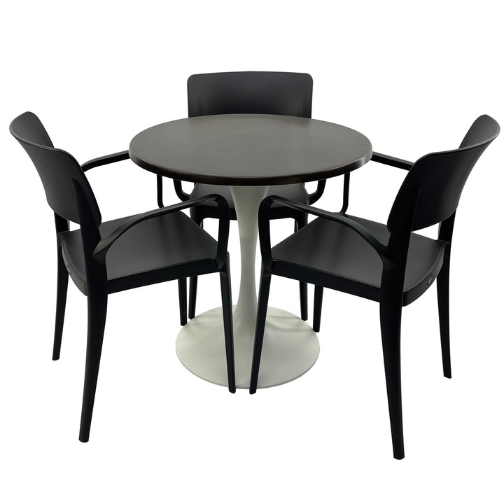 Set mobila terasa/restaurant RAKI, masa rotunda D70cm cu blat Werzalit New Wenge si baza metalica alba, 3 scaune cu brate Panora negre 54,5x51xh81,9cm din plastic