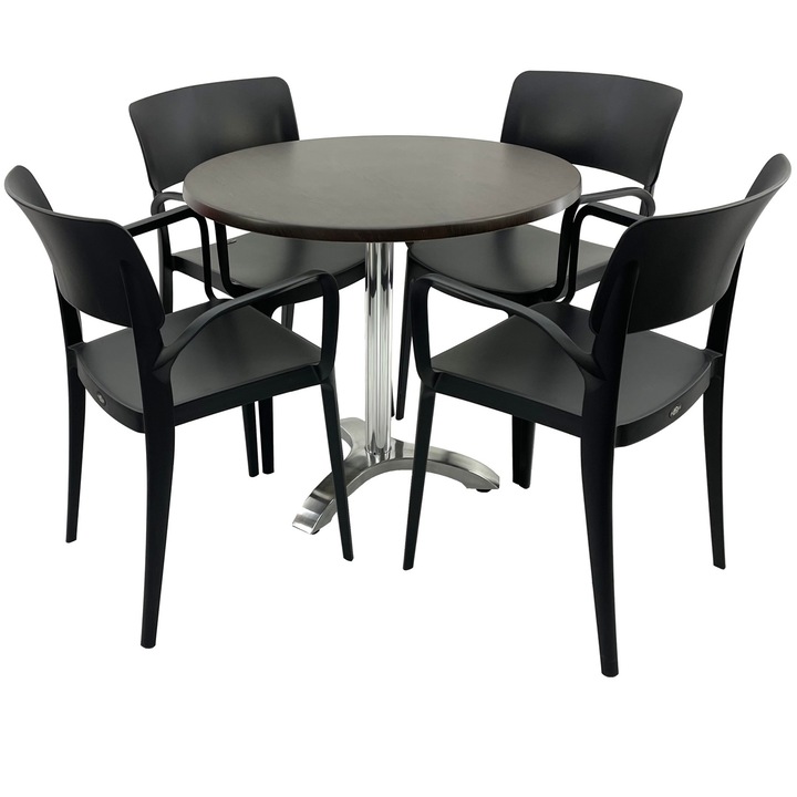 Set mobila terasa/restaurant RAKI, masa rotunda D80cm cu blat Werzalit New Wenge si picior aluminiu, 4 scaune cu brate Panora negre 54,5x51xh81,9cm din plastic