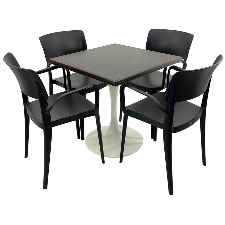 Set mobila terasa/restaurant RAKI, masa patrata 80x80cm cu blat Werzalit New Wenge si baza metalica alba, 4 scaune cu brate Panora negre 54,5x51xh81,9cm din plastic
