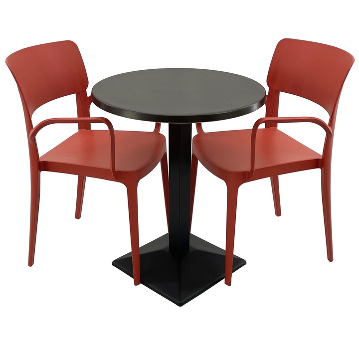 Set mobila terasa/restaurant RAKI, masa rotunda D60cm cu blat Werzalit New Wenge si baza din metal neagra, 2 scaune cu brate Panora rosii 54,5x51xh81,9cm din plastic