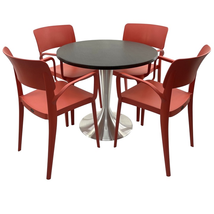 Set mobila terasa/restaurant RAKI, masa rotunda D80cm cu blat Werzalit New Wenge si baza din aluminiu, 4 scaune cu brate Panora rosii 54,5x51xh81,9cm din plastic