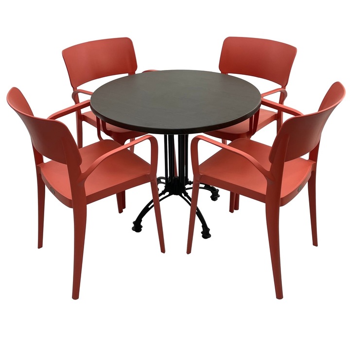 Set mobila terasa/restaurant RAKI, masa rotunda D80cm cu blat Werzalit New Wenge si baza retro neagra din aluminiu, 4 scaune cu brate Panora rosii 54,5x51xh81,9cm din plastic