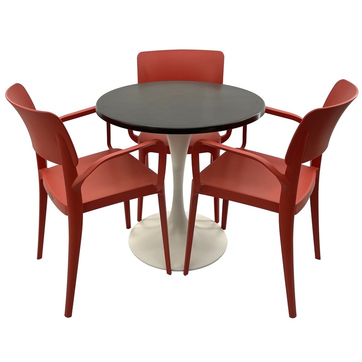 Set mobila terasa/restaurant RAKI, masa rotunda D70cm cu blat Werzalit New Wenge si baza metalica alba, 3 scaune cu brate Panora rosii 54,5x51xh81,9cm din plastic