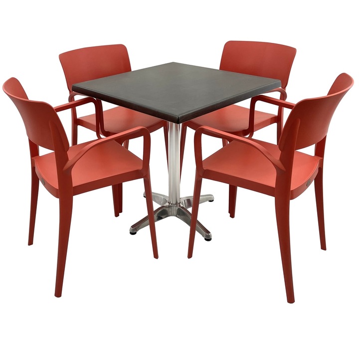 Set mobila terasa/restaurant RAKI, masa patrata 80x80cm cu blat Werzalit New Wenge si baza aluminiu, 4 scaune cu brate Panora rosii 54,5x51xh81,9cm din plastic