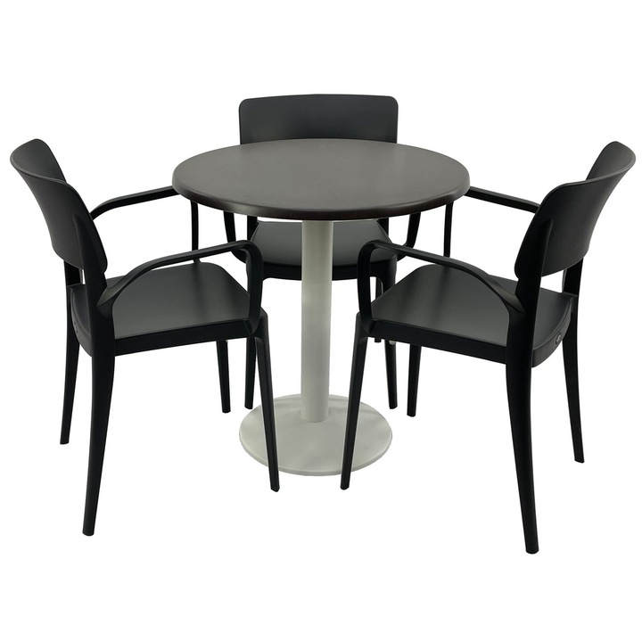 Set mobila terasa/restaurant RAKI, masa rotunda D70cm cu blat Werzalit New Wenge si picior metalic alb, 3 scaune cu brate Panora negre 54,5x51xh81,9cm din plastic