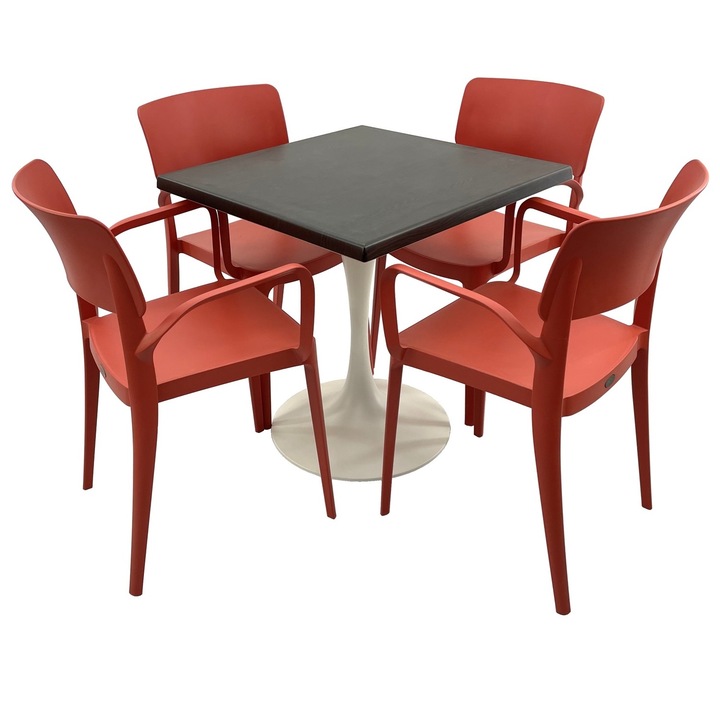 Set mobila terasa/restaurant RAKI, masa patrata 80x80cm cu blat Werzalit New Wenge si baza metalica alba, 4 scaune cu brate Panora rosii 54,5x51xh81,9cm din plastic