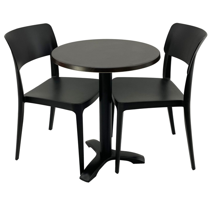 Set mobila terasa/cafenea RAKI, masa rotunda D60cm cu blat Werzalit New Wenge si picior metalic negru, 2 scaune Pano negre 47,1x51,1xh81,9cm din plastic
