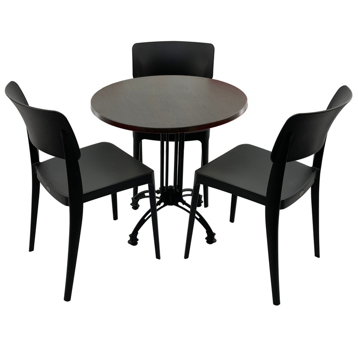 Set mobila terasa/cafenea RAKI, masa rotunda D70cm cu blat Werzalit New Wenge si baza retro neagra din aluminiu, 3 scaune Pano negre 47,1x51,1xh81,9cm din plastic