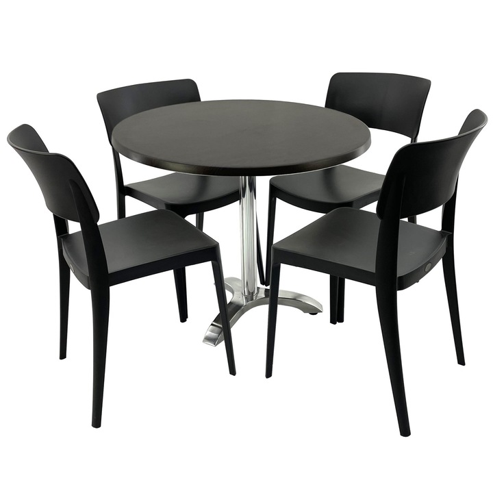 Set mobila terasa/cafenea RAKI, masa rotunda D80cm cu blat Werzalit New Wenge si picior aluminiu, 4 scaune Pano negre 47,1x51,1xh81,9cm din plastic
