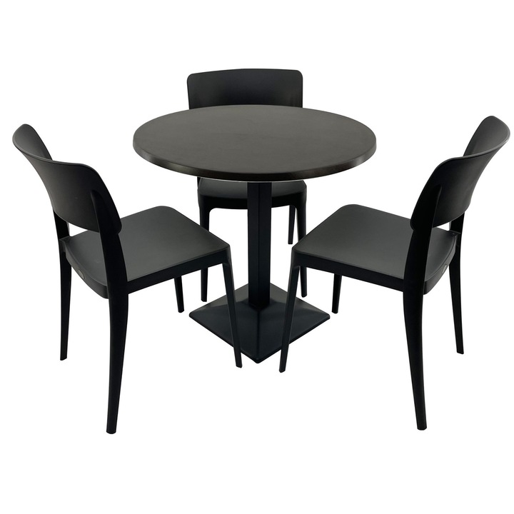 Set mobila terasa/cafenea RAKI, masa rotunda D70cm cu blat Werzalit New Wenge si baza din metal neagra, 3 scaune Pano negre 47,1x51,1xh81,9cm din plastic
