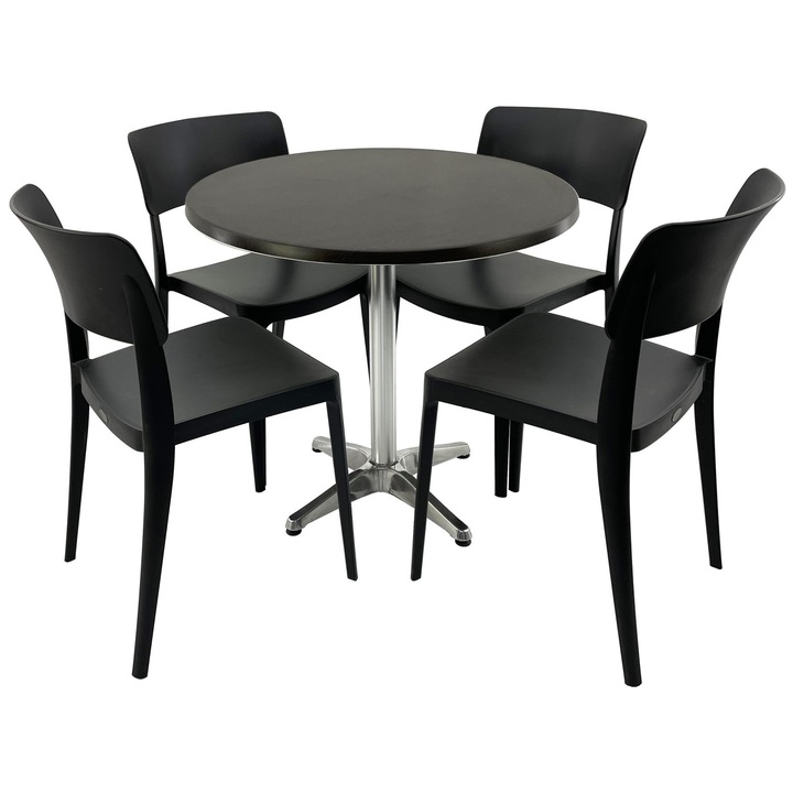 Set mobila terasa/cafenea RAKI, masa rotunda D80cm cu blat Werzalit New Wenge si baza aluminiu, 4 scaune Pano negre 47,1x51,1xh81,9cm din plastic