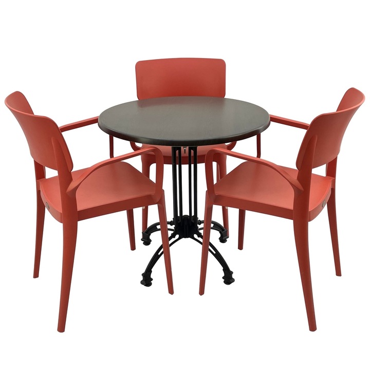 Set mobila terasa/restaurant RAKI, masa rotunda D70cm cu blat Werzalit New Wenge si baza retro neagra din aluminiu, 3 scaune cu brate Panora rosii 54,5x51xh81,9cm din plastic