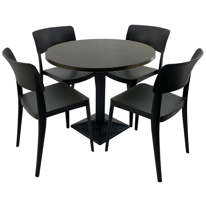 Set mobila terasa/cafenea RAKI, masa rotunda D80cm cu blat Werzalit New Wenge si baza din metal neagra, 4 scaune Pano negre 47,1x51,1xh81,9cm din plastic