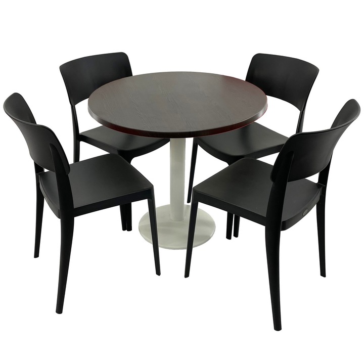 Set mobila terasa/cafenea RAKI, masa rotunda D80cm cu blat Werzalit New Wenge si picior metalic alb, 4 scaune Pano negre 47,1x51,1xh81,9cm din plastic