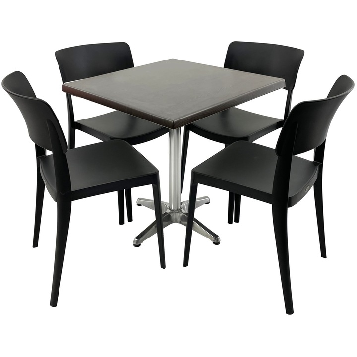 Set mobila terasa/cafenea RAKI, masa patrata 70x70cm cu blat Werzalit New Wenge si baza aluminiu, 4 scaune Pano negre 47,1x51,1xh81,9cm din plastic