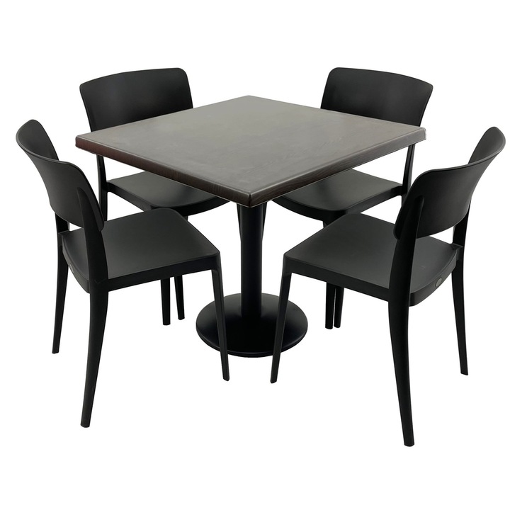 Set mobila terasa/cafenea RAKI, masa patrata 80x80cm cu blat Werzalit New Wenge si baza metalica neagra, 4 scaune Pano negre 47,1x51,1xh81,9cm din plastic