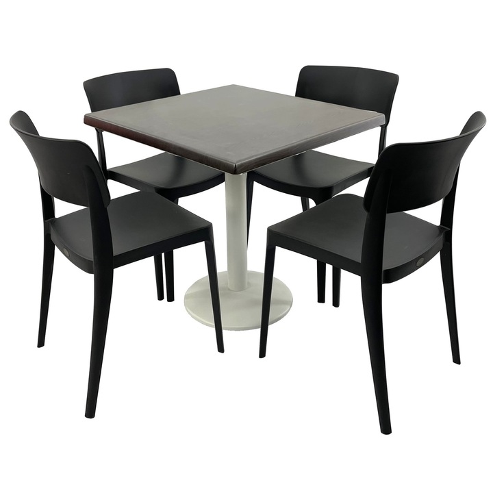 Set mobila terasa/cafenea RAKI, masa patrata 70x70cm cu blat Werzalit New Wenge si picior metalic alb, 4 scaune Pano negre 47,1x51,1xh81,9cm din plastic