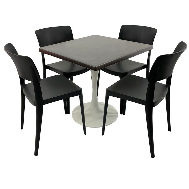 Set mobila terasa/cafenea RAKI, masa patrata 70x70cm cu blat Werzalit New Wenge si baza metalica alba, 4 scaune Pano negre 47,1x51,1xh81,9cm din plastic