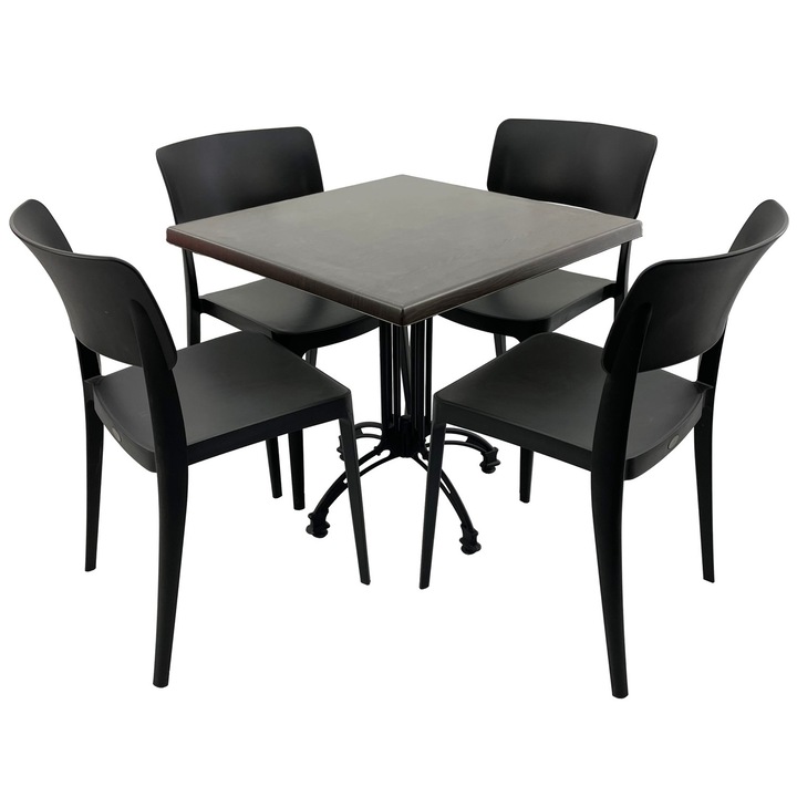 Set mobila terasa/cafenea RAKI, masa patrata 80x80cm cu blat Werzalit New Wenge si baza retro neagra din aluminiu, 4 scaune Pano negre 47,1x51,1xh81,9cm din plastic