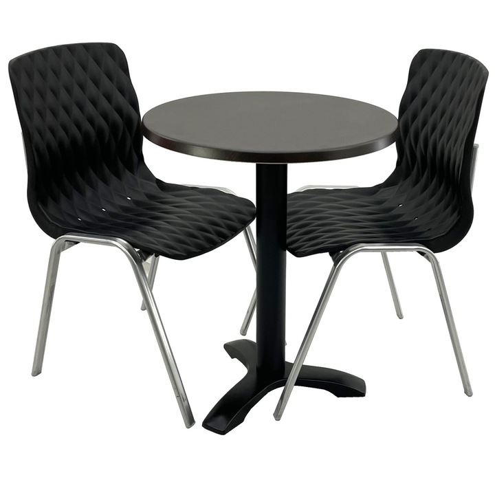 Set mobila terasa/cafenea RAKI, masa rotunda D60cm cu blat Werzalit New Wenge si picior metalic negru, 2 scaune Royal negre 50x52xh83cm din plastic cu picioare metalice