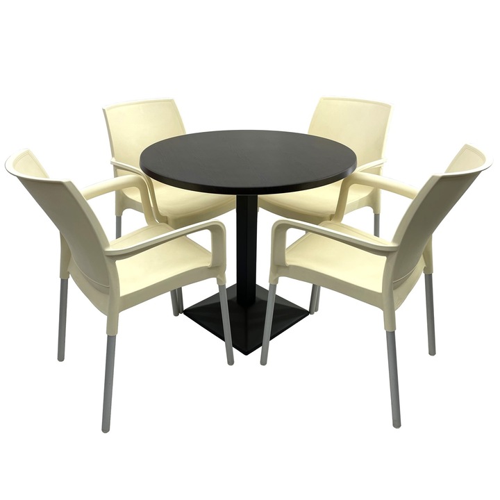 Set bistro de exterior RAKI, masa rotunda D80cm cu blat Werzalit New Wenge si baza din metal neagra, 4 scaune Sunset crem 55x58xh82cm din plastic cu picioare aluminiu