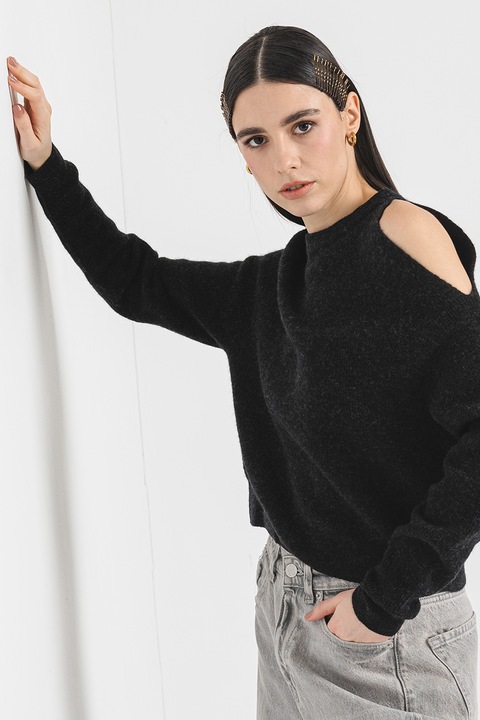 Marella, Pulover din amestec de lana cu decupaj pe umeri, Negru