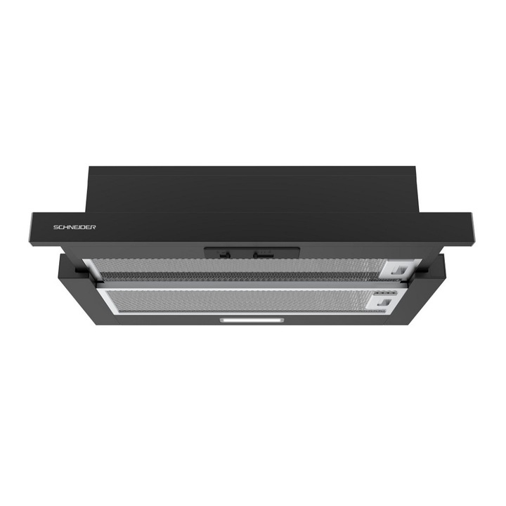 Hota telescopica Schneider, 60 cm latime, putere de absorbtie 294 m³/h, consum redus, mod recirculare si evacuare, 3 trepte de viteza, iluminare LED, filtru lavabil din aluminiu, filtru de carbon inclus, material otel inoxidabil, negru