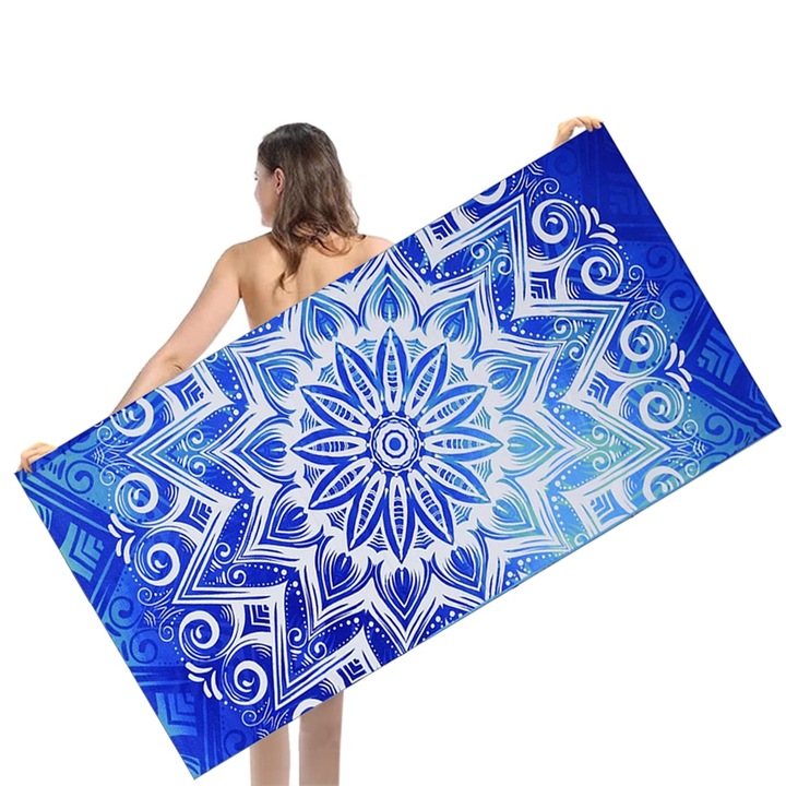 Nagyméretű strandtörölköző 75x150cm, homokmentes, batikolt kék