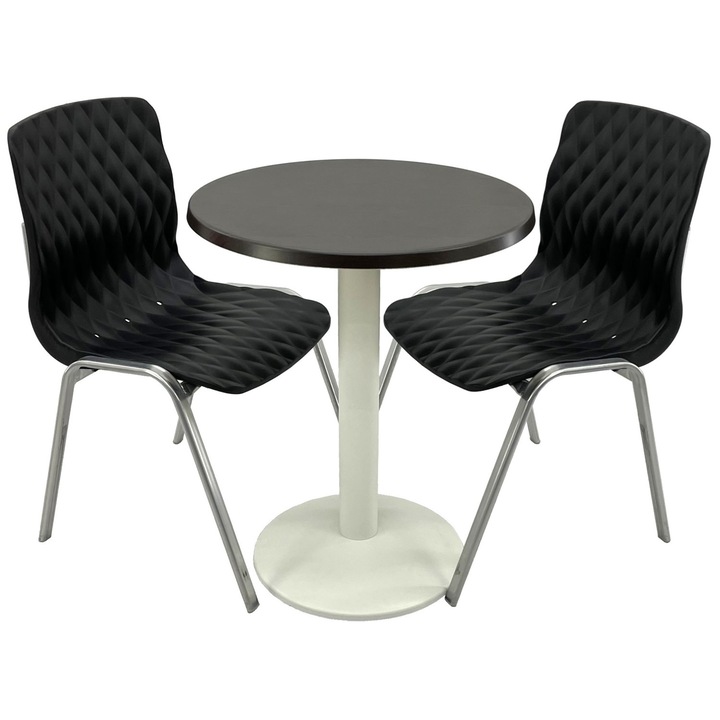 Set mobila terasa/cafenea RAKI, masa rotunda D60cm cu blat Werzalit New Wenge si picior metalic alb, 2 scaune Royal negre 50x52xh83cm din plastic cu picioare metalice