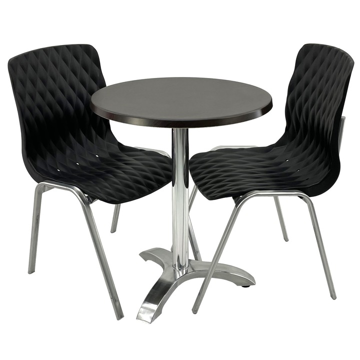 Set mobila terasa/cafenea RAKI, masa rotunda D60cm cu blat Werzalit New Wenge si picior aluminiu, 2 scaune Royal negre 50x52xh83cm din plastic cu picioare metalice