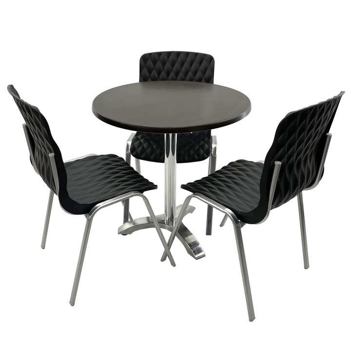 Set mobila terasa/cafenea RAKI, masa rotunda D70cm cu blat Werzalit New Wenge si picior aluminiu, 3 scaune Royal negre 50x52xh83cm din plastic cu picioare metalice