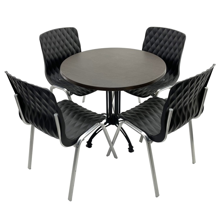 Set mobila terasa/cafenea RAKI, masa rotunda D80cm cu blat Werzalit New Wenge si baza retro neagra din aluminiu, 4 scaune Royal negre 50x52xh83cm din plastic cu picioare metalice