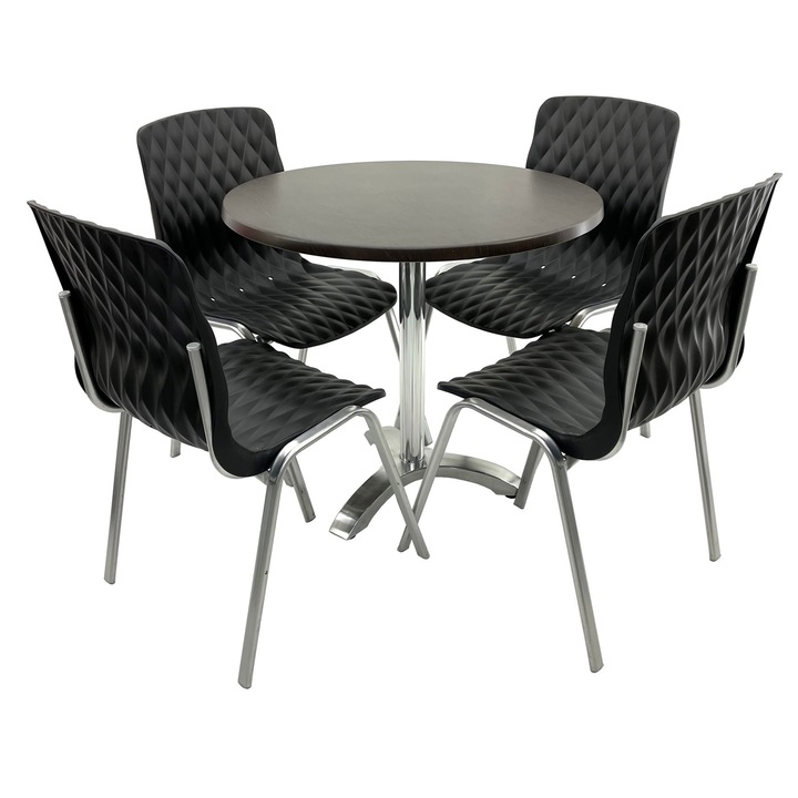 Set mobila terasa/cafenea RAKI, masa rotunda D80cm cu blat Werzalit New Wenge si picior aluminiu, 4 scaune Royal negre 50x52xh83cm din plastic cu picioare metalice