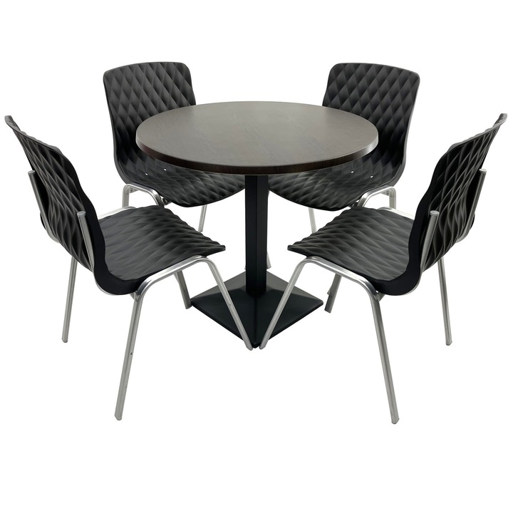 Set mobila terasa/cafenea RAKI, masa rotunda D80cm cu blat Werzalit New Wenge si baza din metal neagra, 4 scaune Royal negre 50x52xh83cm din plastic cu picioare metalice