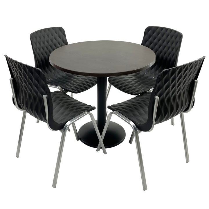 Set mobila terasa/cafenea RAKI, masa rotunda D80cm cu blat Werzalit New Wenge si baza metalica neagra, 4 scaune Royal negre 50x52xh83cm din plastic cu picioare metalice