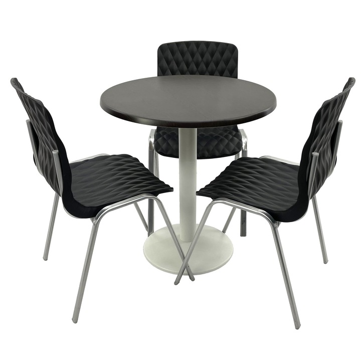 Set mobila terasa/cafenea RAKI, masa rotunda D70cm cu blat Werzalit New Wenge si picior metalic alb, 3 scaune Royal negre 50x52xh83cm din plastic cu picioare metalice