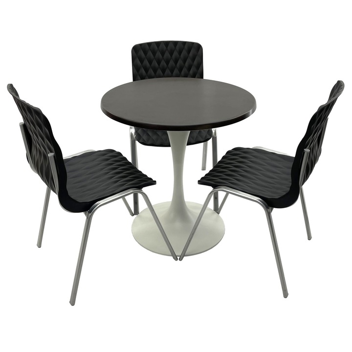 Set mobila terasa/cafenea RAKI, masa rotunda D70cm cu blat Werzalit New Wenge si baza metalica alba, 3 scaune Royal negre 50x52xh83cm din plastic cu picioare metalice