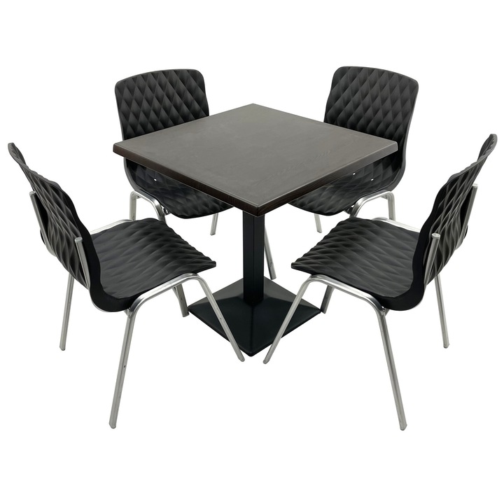 Set mobila terasa/cafenea RAKI, masa patrata 70x70cm cu blat Werzalit New Wenge si baza din metal neagra, 4 scaune Royal negre 50x52xh83cm din plastic cu picioare metalice