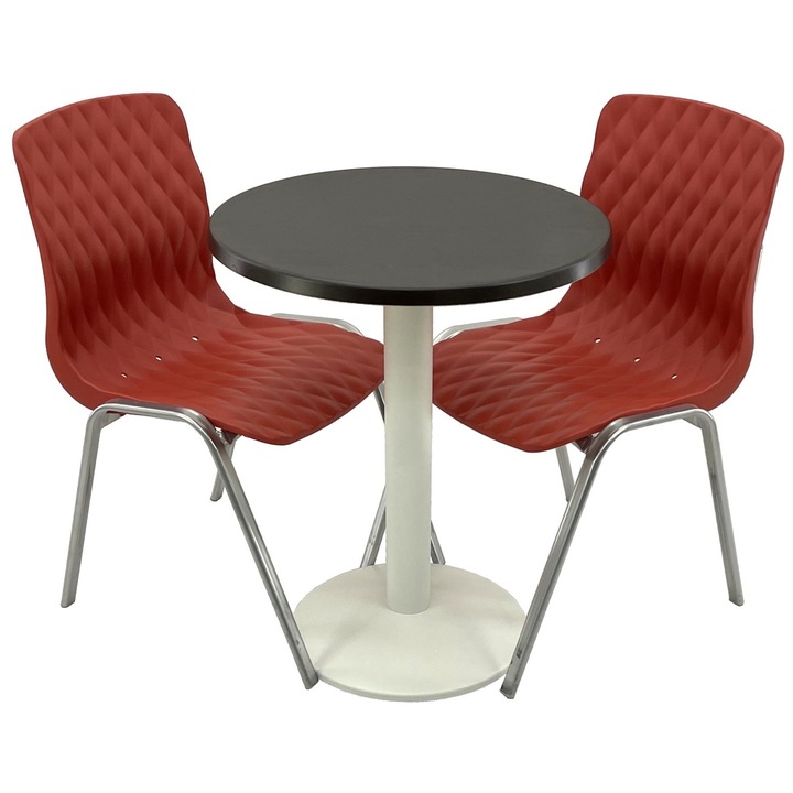 Set mobila terasa/cafenea RAKI, masa rotunda D60cm cu blat Werzalit New Wenge si picior metalic alb, 2 scaune Royal rosii 50x52xh83cm din plastic cu picioare metalice