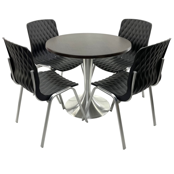 Set mobila terasa/cafenea RAKI, masa rotunda D80cm cu blat Werzalit New Wenge si baza din aluminiu, 4 scaune Royal negre 50x52xh83cm din plastic cu picioare metalice