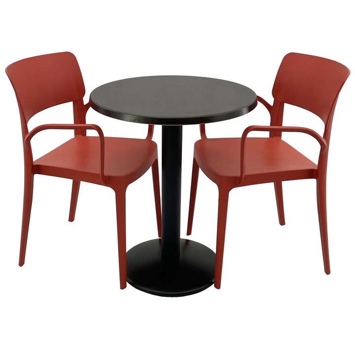 Set mobila terasa/restaurant RAKI, masa rotunda D60cm cu blat Werzalit New Wenge si baza metalica neagra, 2 scaune cu brate Panora rosii 54,5x51xh81,9cm din plastic