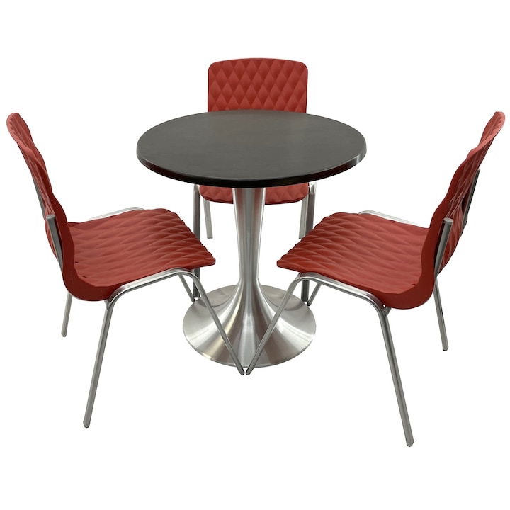 Set mobila terasa/cafenea RAKI, masa rotunda D70cm cu blat Werzalit New Wenge si baza din aluminiu, 3 scaune Royal rosii 50x52xh83cm din plastic cu picioare metalice