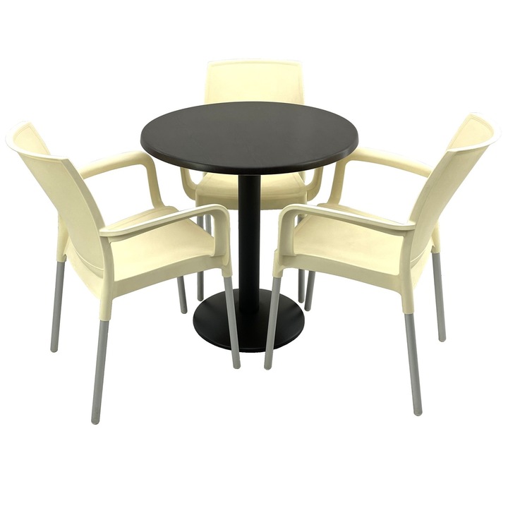 Set bistro de exterior RAKI, masa rotunda D70cm cu blat Werzalit New Wenge si baza metalica neagra, 3 scaune Sunset crem 55x58xh82cm din plastic cu picioare aluminiu