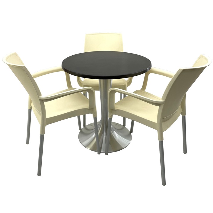 Set bistro de exterior RAKI, masa rotunda D70cm cu blat Werzalit New Wenge si baza din aluminiu, 3 scaune Sunset crem 55x58xh82cm din plastic cu picioare aluminiu