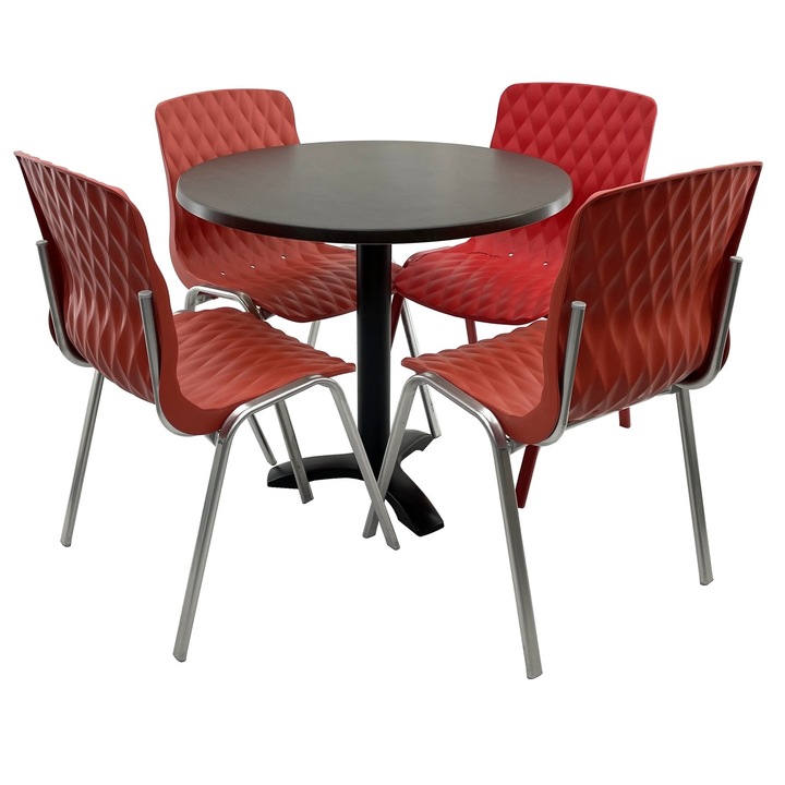 Set mobila terasa/cafenea RAKI, masa rotunda D80cm cu blat Werzalit New Wenge si picior metalic negru, 4 scaune Royal rosii 50x52xh83cm din plastic cu picioare metalice