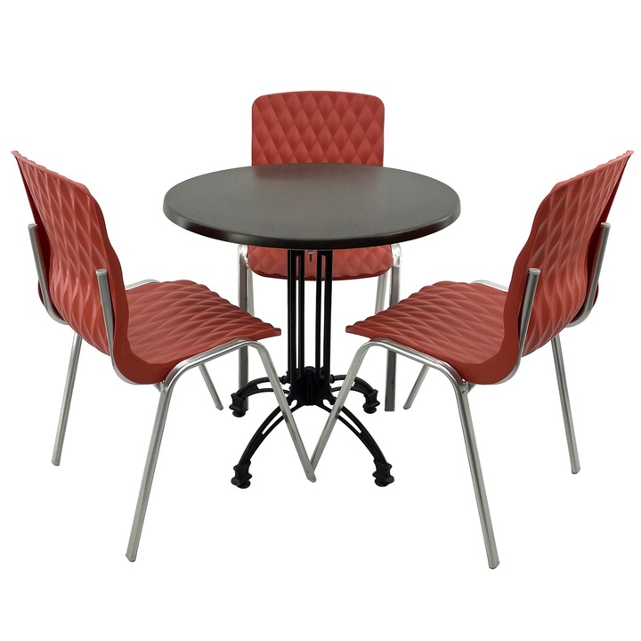 Set mobila terasa/cafenea RAKI, masa rotunda D70cm cu blat Werzalit New Wenge si baza retro neagra din aluminiu, 3 scaune Royal rosii 50x52xh83cm din plastic cu picioare metalice