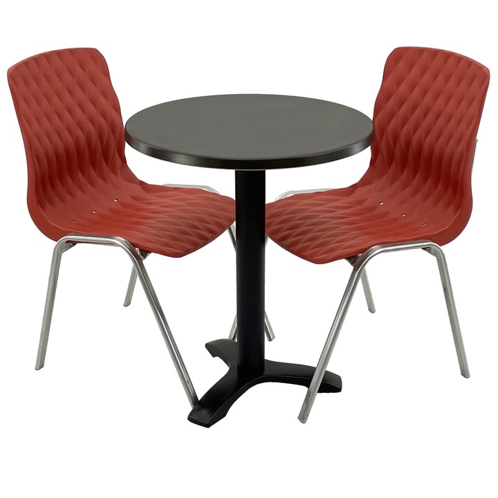 Set mobila terasa/cafenea RAKI, masa rotunda D60cm cu blat Werzalit New Wenge si picior metalic negru, 2 scaune Royal rosii 50x52xh83cm din plastic cu picioare metalice