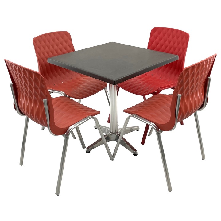 Set mobila terasa/cafenea RAKI, masa patrata 70x70cm cu blat Werzalit New Wenge si baza aluminiu, 4 scaune Royal rosii 50x52xh83cm din plastic cu picioare metalice
